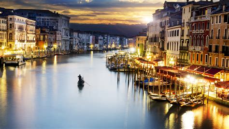 Venice, Italy, city, evening, buildings, illumination, river, boats ...