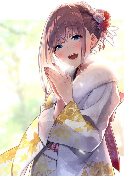 2024 Kimono Brown Hair Anime Girl Smiling Happy Face Anime Hd Phone