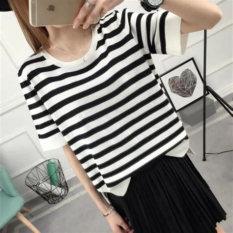 Hao He Shen Spring 28 Dress Striped Crewneck Sweater Short Sleeved Shirt F1693 In Pullovers From