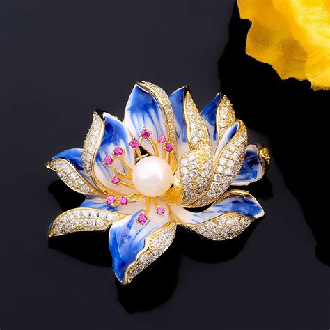 Aliexpress Com Buy Enamel Brooch Imitation Pearls Rhinestone Crystal Lotus Flower Brooches For