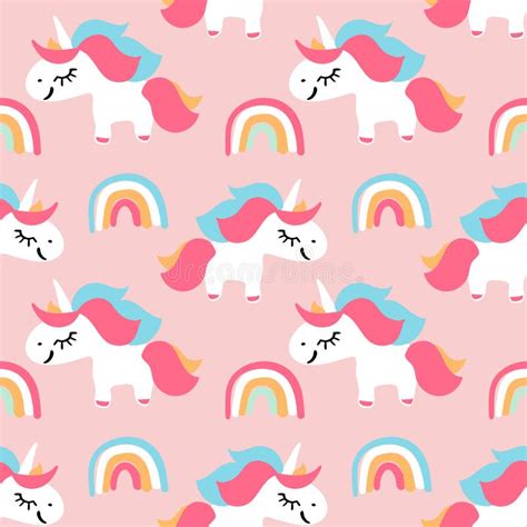 Vector Seamless Pattern With Cute Unicorns And Rainbows On Pink
