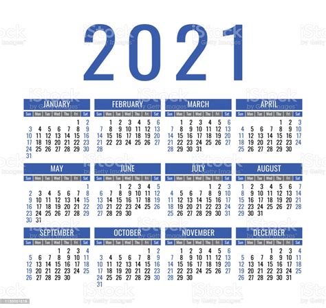Este calendario anual del 2021 es muy práctico. Ilustración de Calendario 2021 Año Plantilla De Calendario ...