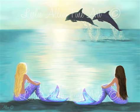 Mermaid Art Print Mermaid Dolphins Art Print Wall Decor Wall Art