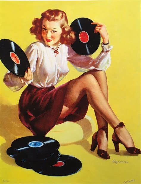 large 12x18 on the record by elvgren pin up playing music lingerie nylons stockings pinup up