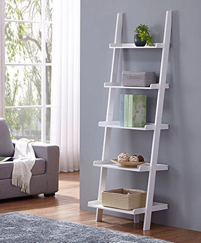 White Finish 5 Tier Bookcase Shelf Ladder Leaning 72