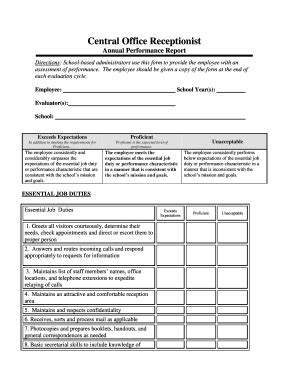 .sample receptionist kpis & kras • sample receptionist self appraisal job performance evaluation form page 2. receptionist performance evaluation - Fill Out Online ...