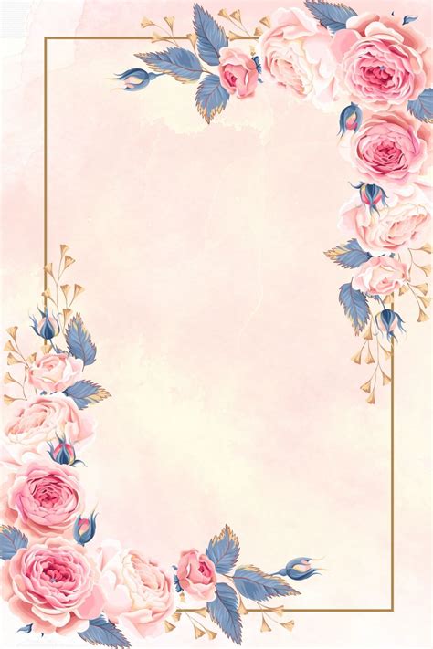 A Pink And Blue Floral Frame On A Watercolor Background With Gold Trimmings