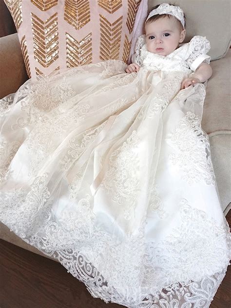 2018 New Lace Infant Girl Long Christening Baptism Dress With Headband