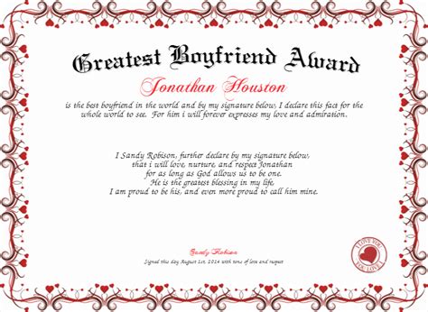 √ 20 Best Boyfriend Award Certificate ™ Dannybarrantes Template