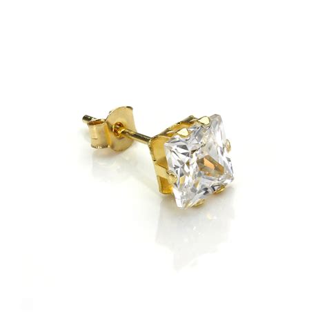 Ct Gold Mm Clear Square Cz Crystal Single Ear Stud Mens Earrings