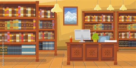 Modern Library With Bookshelf Vector Illustration Librarians Desk With