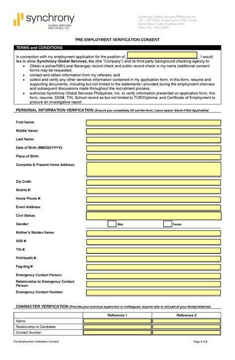 Pre Employment Application Verification Consent Form Synchrony