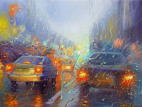 Original Oil Painting Rainy Street Of Tel Aviv By Alex Levin