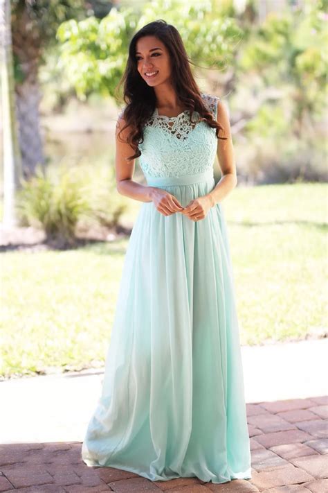 Mint Maxi Bridesmaid Dresses Sleeveless Lace Top Chiffon Skirt Boho