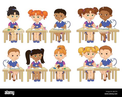 Set Funny Pupils Sit On Desks Read Draw Clay Cartoon Illustration Stock