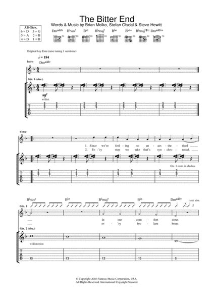 The Bitter End By Placebo Guitar Tablature Digital Sheet Music