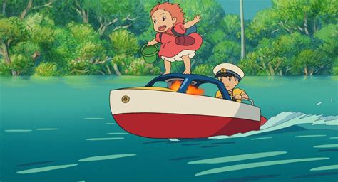 Ponyo At The Edge Of The Boat With Sousuke Driving Studio Ghibli