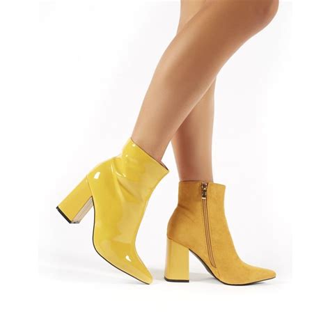 Chaos Contrast Pointed Toe Ankle Boots In Yellow Patent And Faux Suede