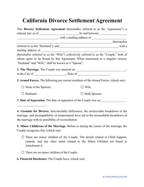 California Divorce Settlement Agreement Template Fill Out Sign Online And Download Pdf