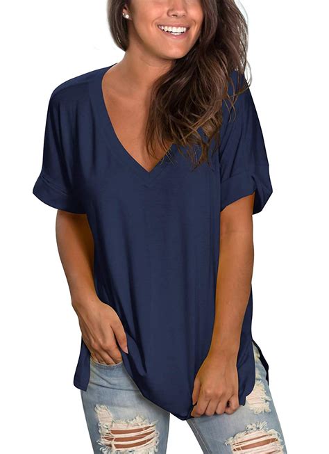 V Neck T Shirts Women Short Sleeve Tunic Flowy Tops 04 Navy Blue Size Small A9 Ebay