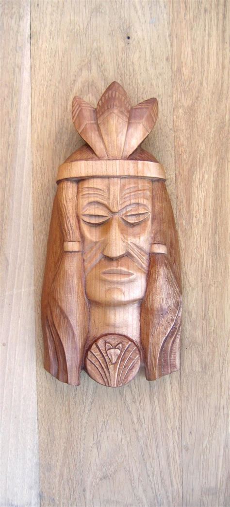 Wood Carving Indian Face Hand Carved Rustic Wall Decor American Indian