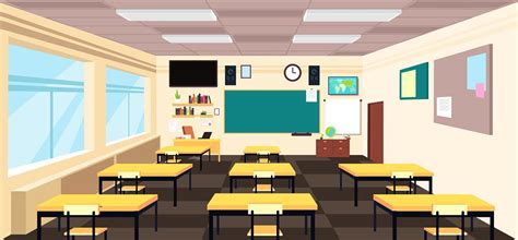 Cartoon Empty Classroom High School Room Interior With Desks And Blac