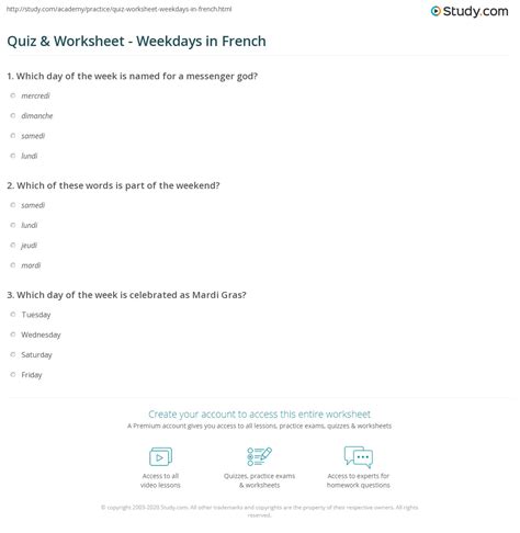 Quiz & Worksheet - Weekdays in French | Study.com