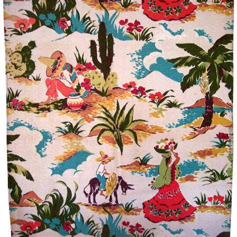 Vintage Barkcloth Fabric Mexicana Theme Signed and Mint Large Panel from ...