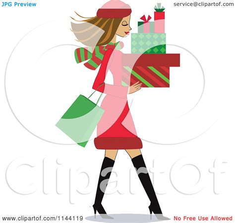 cartoon of a shopping brunette christmas woman carrying t boxes royalty free vector clipart