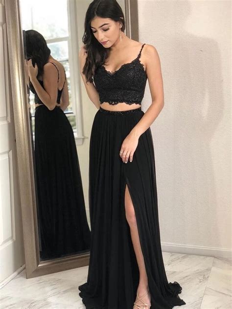 Lace Top Two Piece Black Prom Dress With Slit Evening Gowns With Slits 20082004