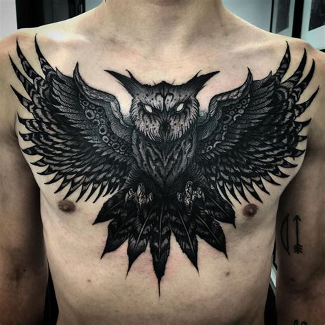 Owl Chest Piece Cover Up Tattoo By Ted Chronic Ink Tattoo Rblackwork