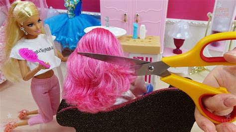 Barbie Doll Hair Style Salon Dolls Hair Cut Hair Dye In Hot Pink Youtube