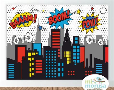 Superheroe Comic Printable Backdrop Comic Bubbles City Skyline