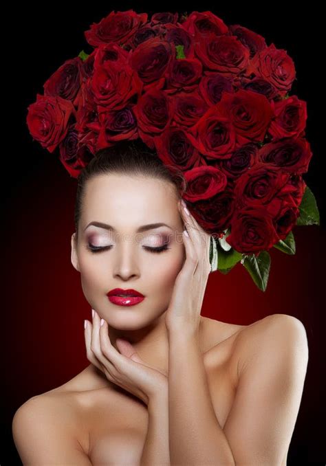 Beautiful Model Woman Rose Flower In Hair Beauty Salon Makeup Stock