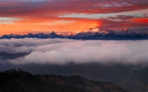 Landscape Nature Mountain Sunset Mist Clouds Snowy Peak Sky