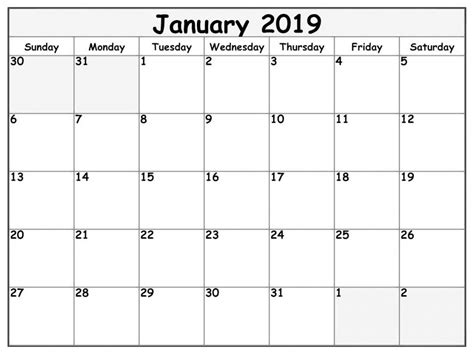 Weekly January Calendar 2019 Template Printable Calendar