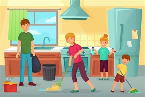 Limpieza Familiar De Cocina Padre Madre E Hijos Limpian La Cocina