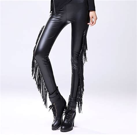 Women Autumn Fashion Punk Style Gothic Black Leggings Sexy High Waist Pu Leather Tassel Edge