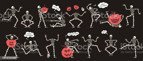 Halloween Skeletons With Pumpkins Spooky Halloween Party Skeletons Characters Isolated Vector