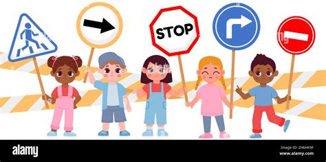 Group Of Kids Holding Stop Road Signs Caution For Drivers Boy And