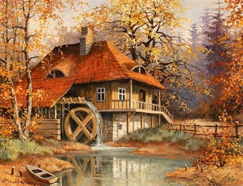 Old Mill In Autumn Autumn Cottage Creek Forest House Lake