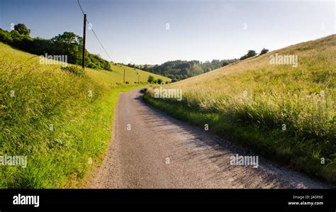 A Typical Single Track Country Lane Through Hay Meadows And Pastures On