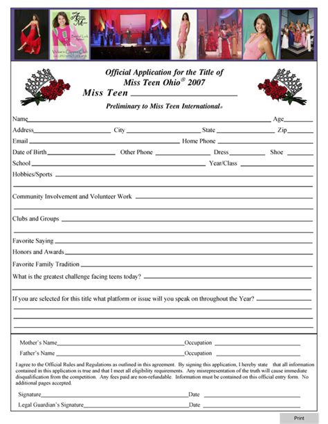 Miss Teen Ohio Printable Entry Form