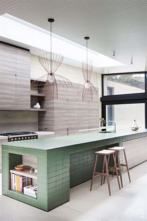 Tiled Kitchen Island In Contemporary Wood Kitchen At Layer House By