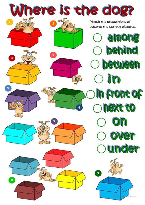 See more ideas about prepositions, preposition worksheets, english grammar worksheets. Where's the dog - prepositions of place worksheet - Free ...