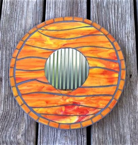 Round Stained Glass Mirror Wall Hanging Mirror Orange Red Etsy Hanging Wall Mirror Hanging