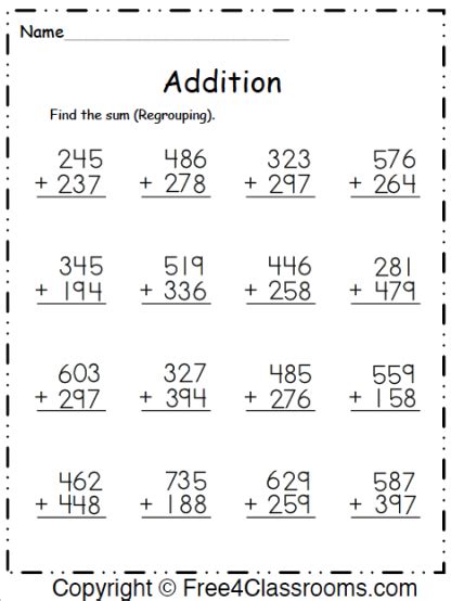 Free 3 Digit Addition Worksheets Regrouping Free4classrooms