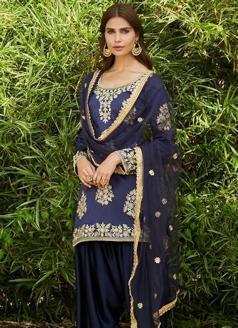 Navy Blue And Gold Embroidered Punjabi Suit Features A Taffeta Silk