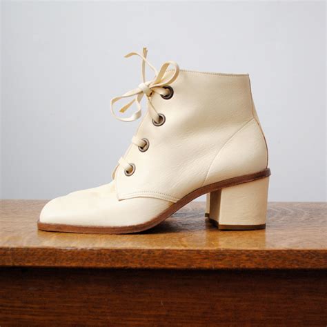 Vintage Boots Cream Leather Lace Up Ankle Boots By Maisondhibou