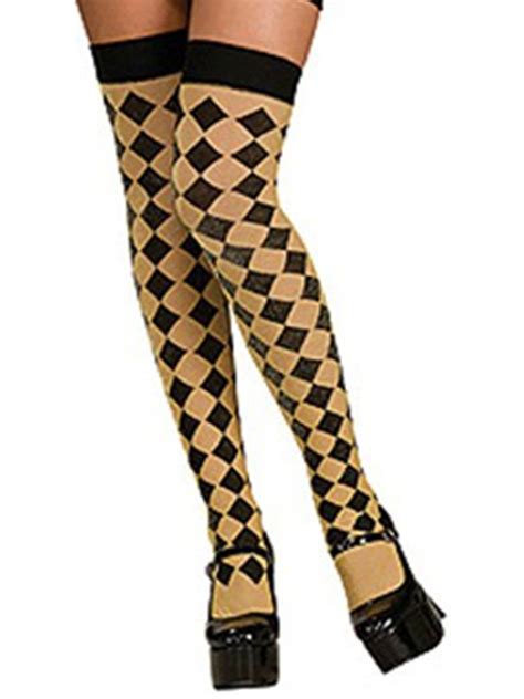 Sexy Black And Gold Harlequin Checkered Thigh Highs Stockings